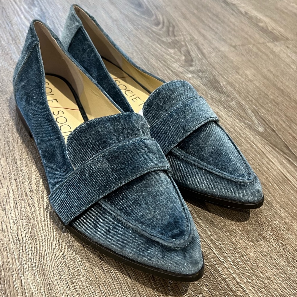 Sole Society Edie Blue Velvet Point Toe Loafers Flats - Size 8.5